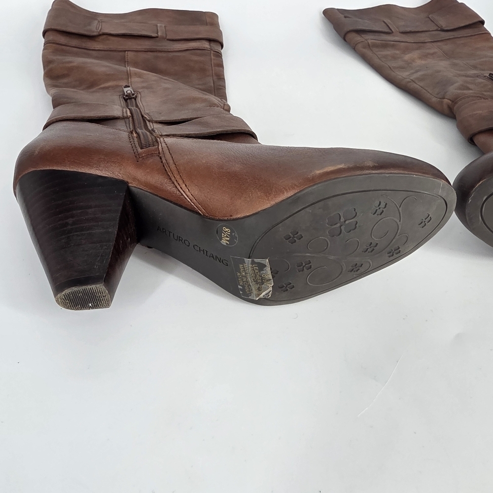 Arturo Chiang Leather Knee High Boots 8.5M Brown Block Heel Buckle Straps - Picture 8 of 9